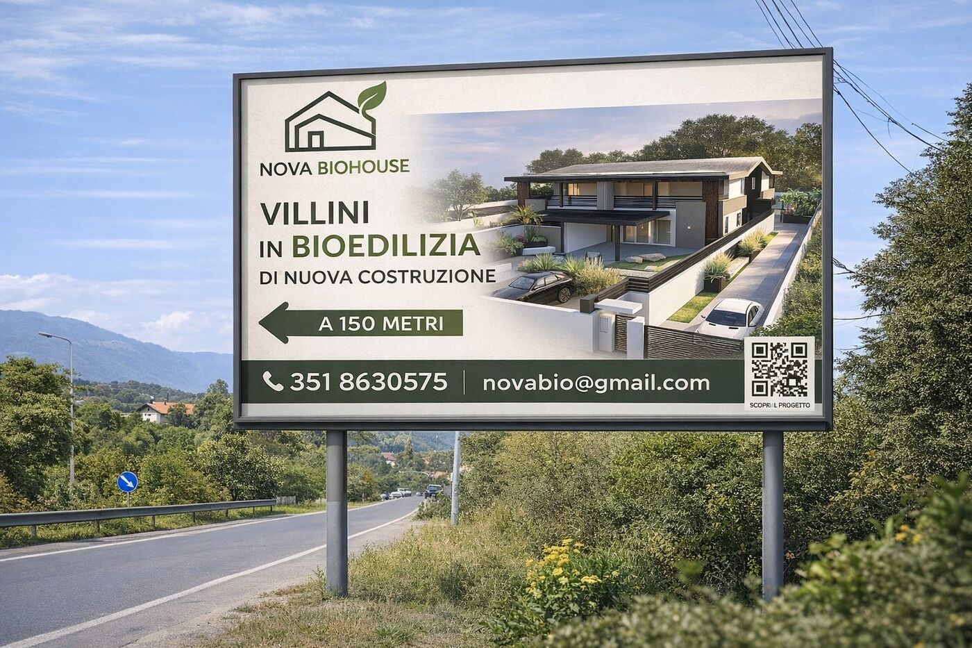 Cartellone pubblicitario Nova Biohouse lungo la strada